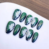 Handcrafted 3D Floral & Cat-Eye Press-On Nails | Short Almond Reusable Fake Nails