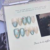 Handcrafted 3D Floral & Cat-Eye Press-On Nails | Short Almond Reusable Fake Nails