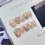 Handmade Short Square Press-On Nails | Cat-Eye, Floral & Gold Accent Reusable Fake Nails