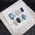 Handmade Press On Nails Short Oval - Celestial Cat Eye, Galaxy, Floral & Aesthetic Gel Nail Art Set