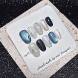 Handmade Press On Nails Short Oval - Celestial Cat Eye, Galaxy, Floral & Aesthetic Gel Nail Art Set