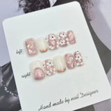 Handmade Short Square Press-On Nails | Cat-Eye, Floral & Gold Accent Reusable Fake Nails