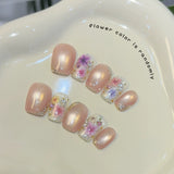 Extra Short Coffin Press On Nails Collection | Handmade Floral & Galactic Cat Eye Fake Nails Set