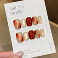 Handmade Short Square Press-On Nails | Cat-Eye, Floral & Gold Accent Reusable Fake Nails