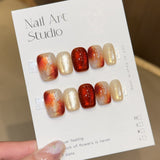 Handmade Short Square Press-On Nails | Cat-Eye, Floral & Gold Accent Reusable Fake Nails