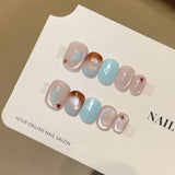 Handmade Short Round Press On Nails - Cute Doodle, Cat Eye & Y2K Floral Reusable Fake Nails Collection