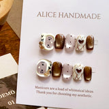 Handmade Short Square Press-On Nails | Cat-Eye, Floral & Gold Accent Reusable Fake Nails