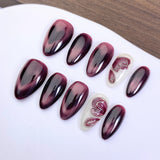 Handcrafted 3D Floral & Cat-Eye Press-On Nails | Short Almond Reusable Fake Nails