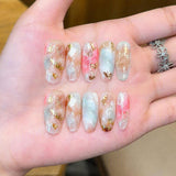 Luxe Shimmer Handcrafted Press-On Nails – Icy Cat Eye & Gold Foil Marble Collection