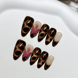 Handcrafted Caramel Leopard & Polka Dot 3D Floral Press On Nails | Medium Almond Reusable Fake Nails