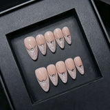 Silver Frost Rhinestone Medium Almond Press On Nails - Nude & Marble French Tip Handcrafted False Nails
