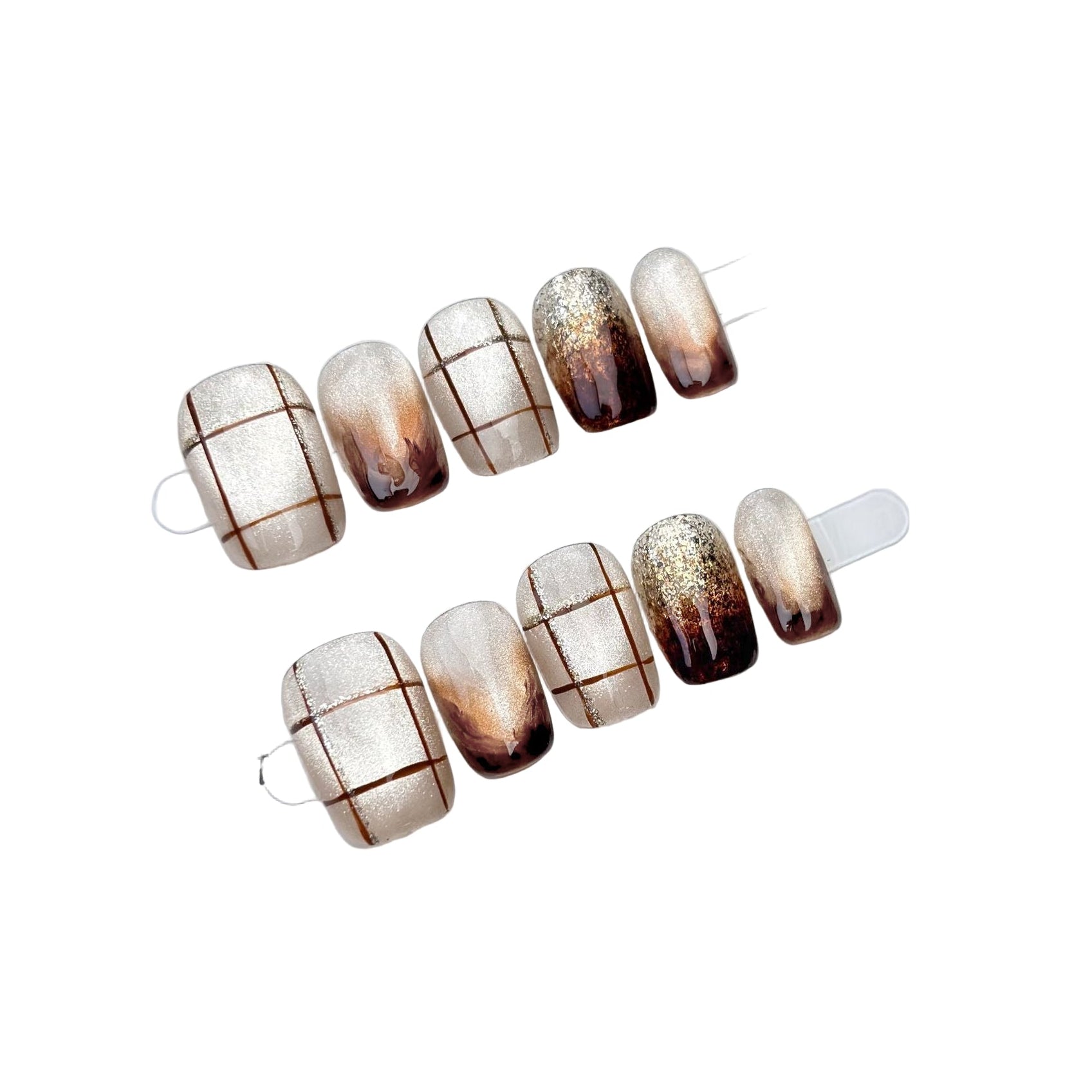 Autumn Winter Brown Navy Blue Gold Grey Color Handmade Press On Nails Short Square Full Cover False Nails