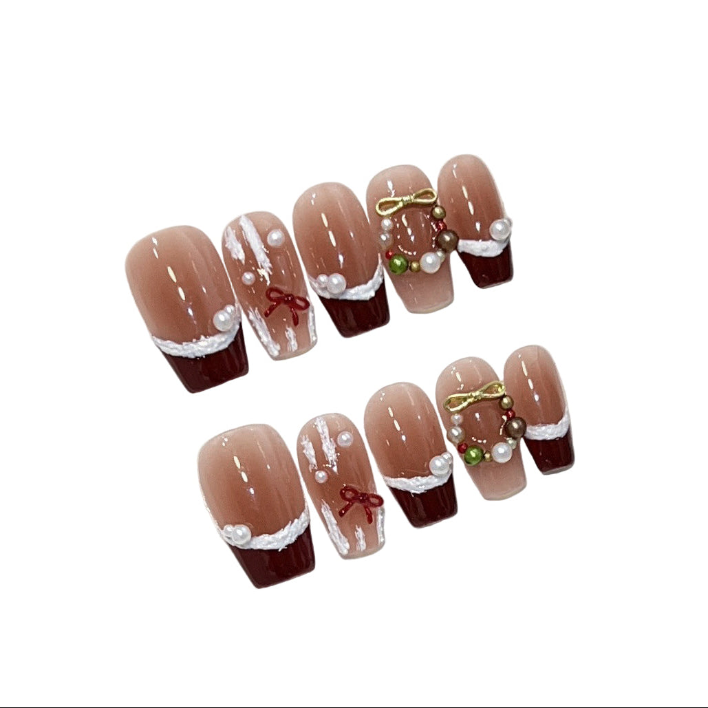 Christmas Red French Bowknot Handmade Press On Nails Short Coffin Medium Oval Detachable False Nails
