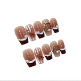 Christmas Red French Bowknot Handmade Press On Nails Short Coffin Medium Oval Detachable False Nails