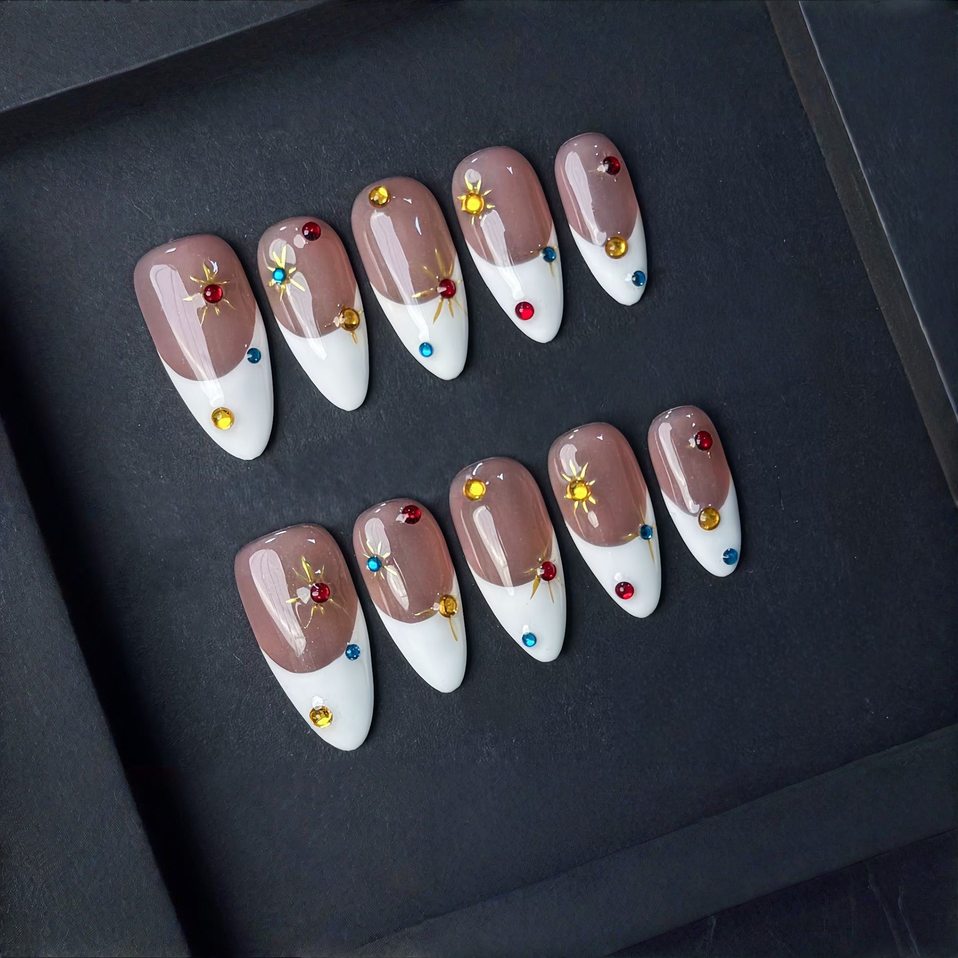 White Wine Red French 3D Carving Flower Bowknot Star Handmade Press On Nails Almond Detachable False Nails