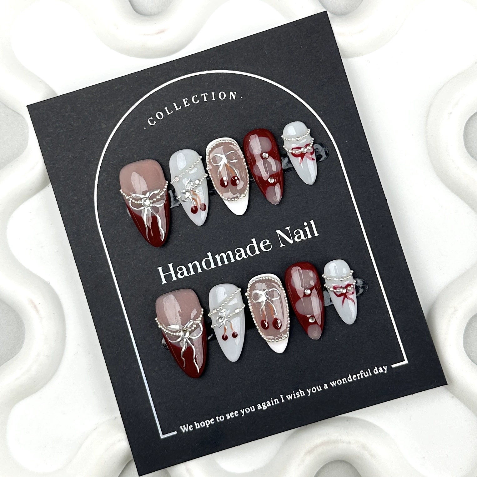 White Wine Red French 3D Carving Flower Bowknot Star Handmade Press On Nails Almond Detachable False Nails