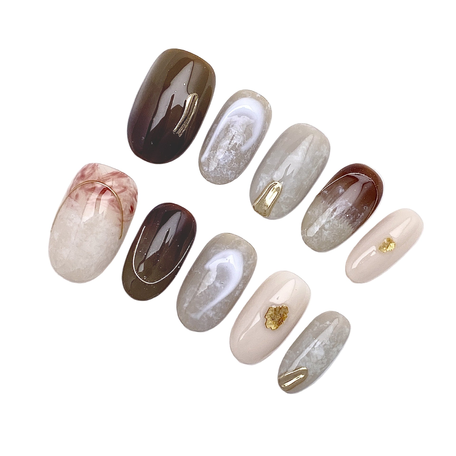 Autumn Winter Coffee Brown Gold Frame Ombre Handmade Press On Nails Short Oval Detachable False Nails