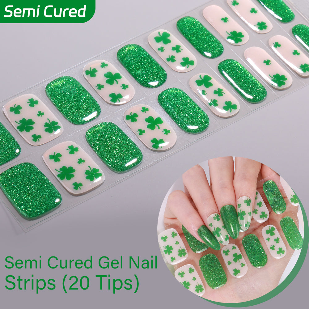 Lucky Clover Semi-Cured Gel Nail Strips 20 Tips | St. Patrick's Day Collection | Requires UV Lamp