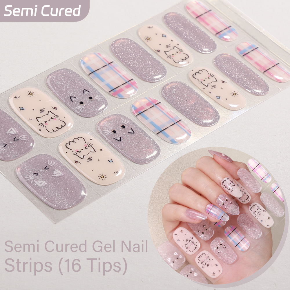 Kawaii Doodles & Wild Leopard Collection-Semi-cured Gel Nail Strips 16 Tips | Requires UV Lamp