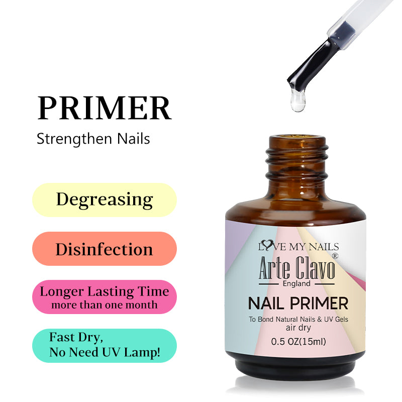 Close-up of clear liquid nail primer and brush, showcasing the acid-free, air-dry formula