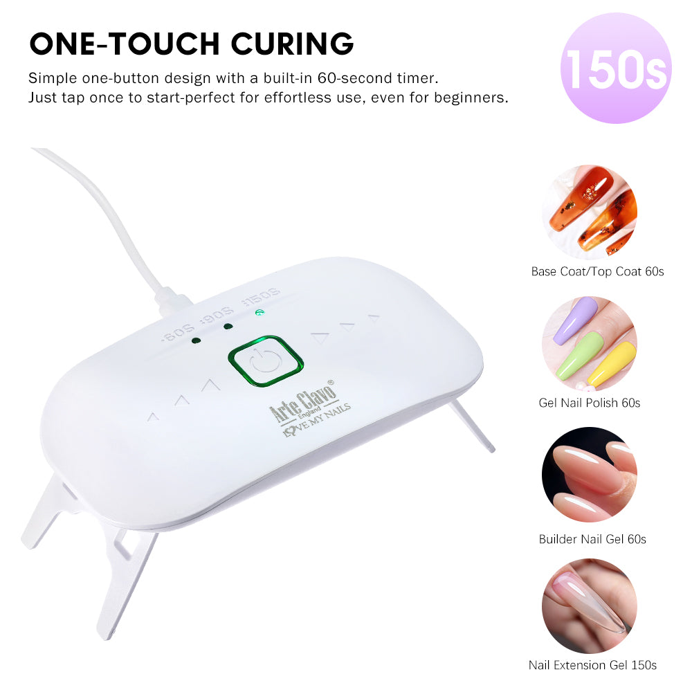 Close-up of Arte Clavo portable nail dryer with 60s, 120s, and 150s timer settings for DIY manicures