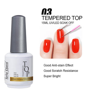 Extra durable Tempered Top Coat providing a scratch-resistant shield for gel nails.
