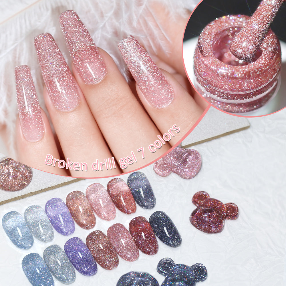Manicure display using HEMA-free reflective glitter gel for a disco sparkle look