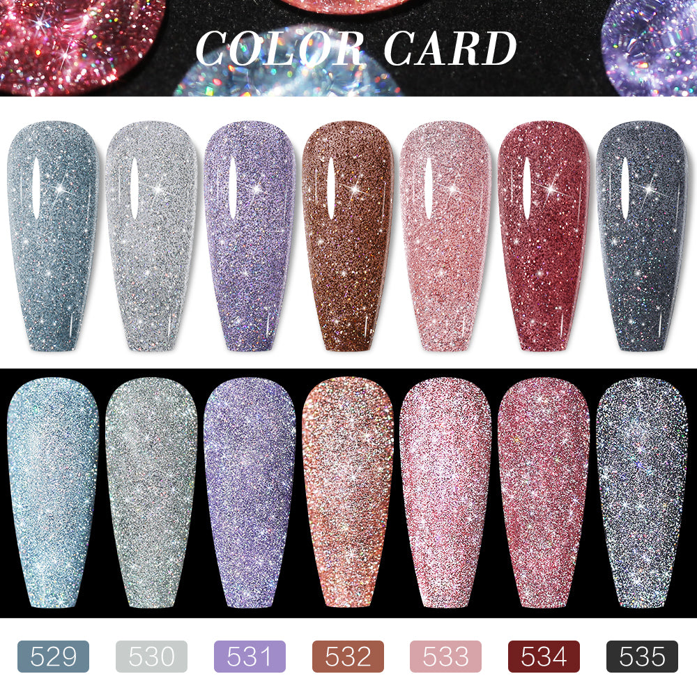7 colors of reflective glitter gel polish swatches for diamond sparkle nails