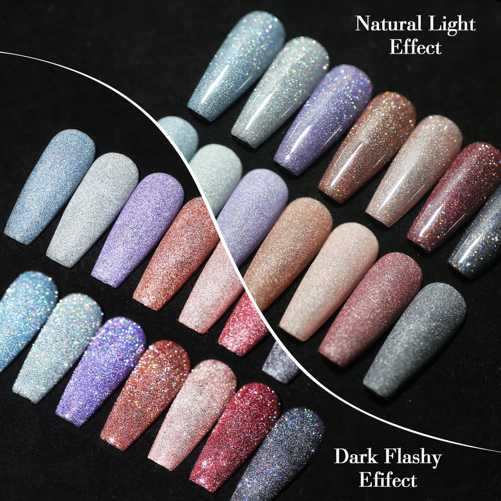 Comparison of reflective glitter nails under natural light vs camera flash