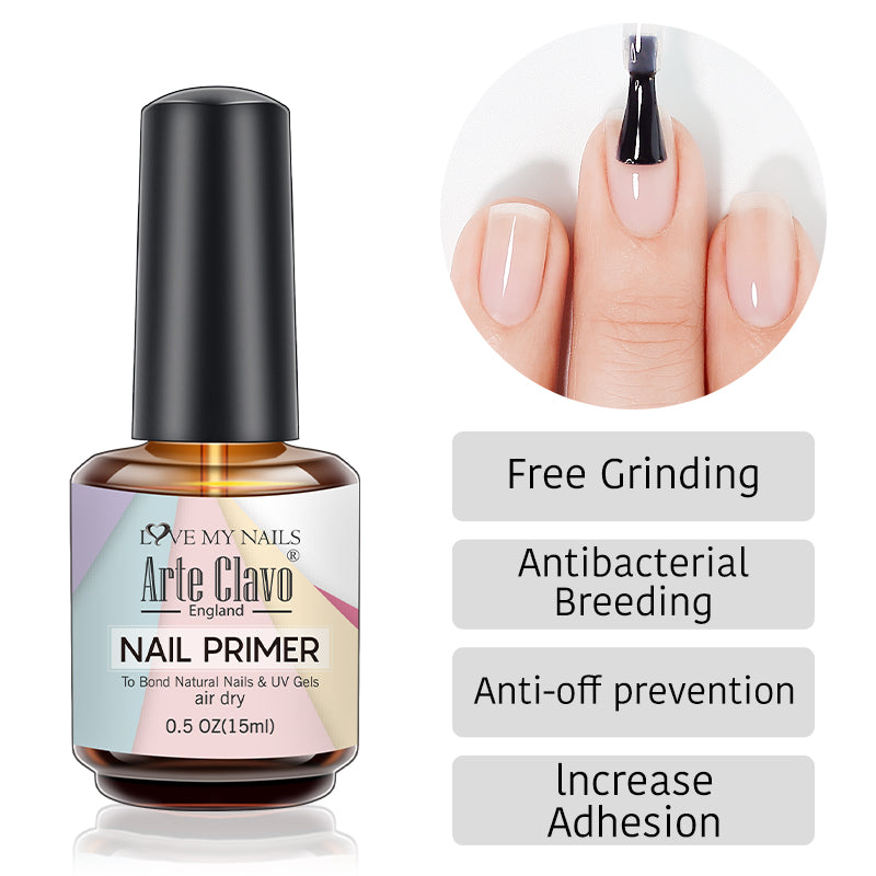 Manicurist applying adhesive primer on natural nail; wait 1-2 minutes for air dry