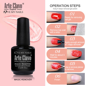 Step-by-step guide to use Magic Gel Remover: filing top coat and applying the burst formula.