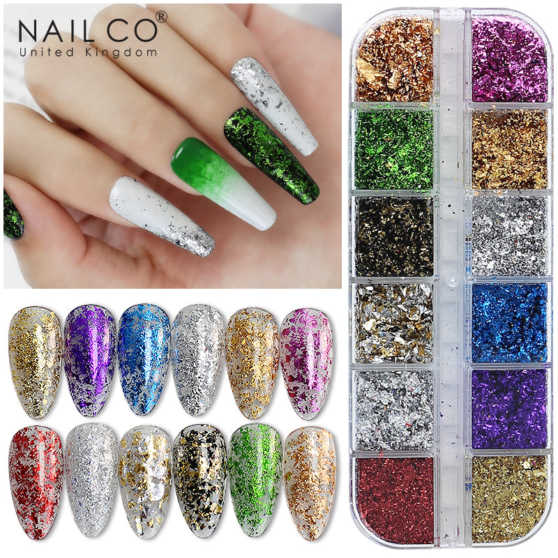NAILCO Nail Glitter Gold Foils Irregular Aluminum Snowflakes Maple Leaves Thin Paillette Butterfly Nail Art Chrome Pigment DIY Decoration