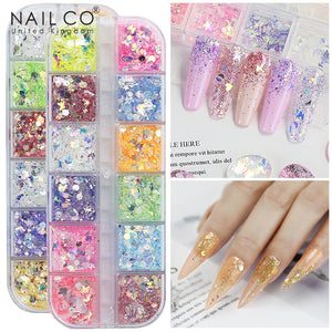 NAILCO Nail Glitter Gold Foils Irregular Aluminum Snowflakes Maple Leaves Thin Paillette Butterfly Nail Art Chrome Pigment DIY Decoration