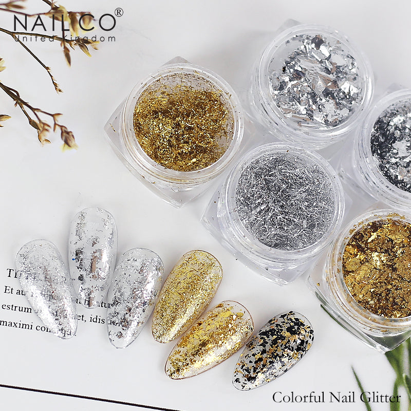NAILCO Nail Glitter Gold Foils Irregular Aluminum Snowflakes Maple Leaves Thin Paillette Butterfly Nail Art Chrome Pigment DIY Decoration
